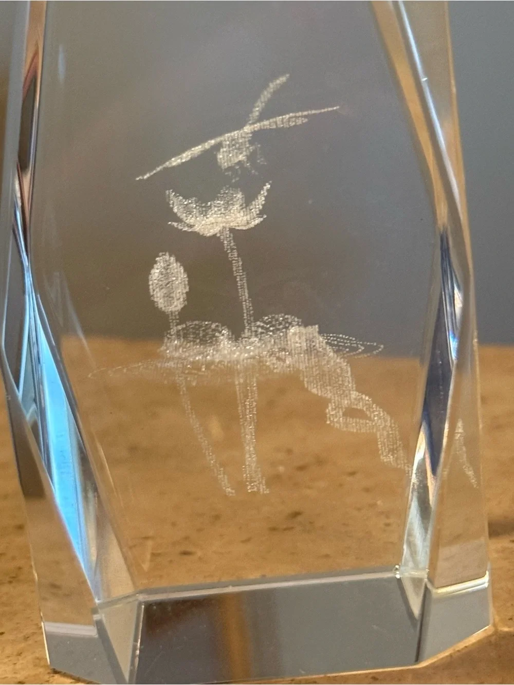 Vintage 3D Laser Etched Crystal Glass Frog, Dragonfly and Flower Paperweight
